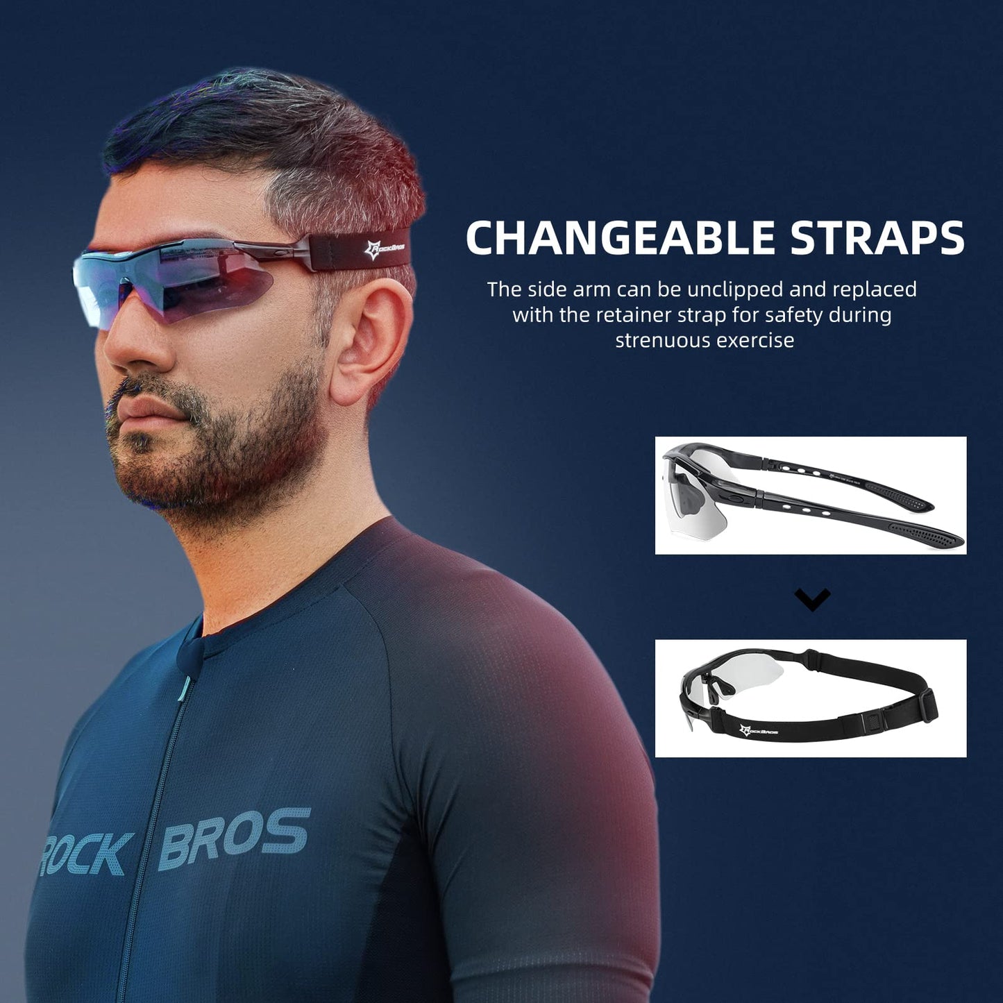 Photochrome Sport-Sonnenbrille mit abnehmbarem Gummiband