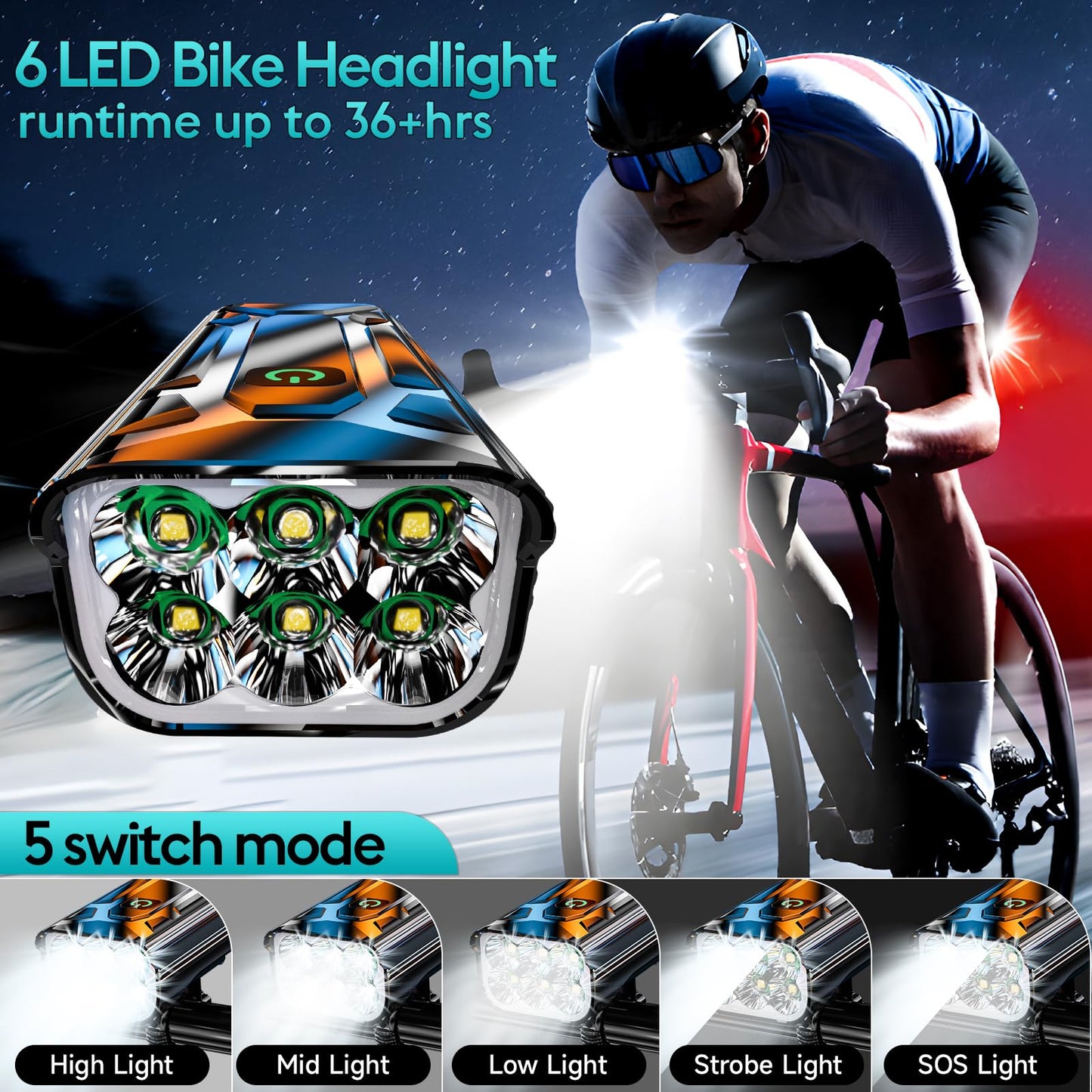 10000 Lumen Super Bright 6 LED Bike Light